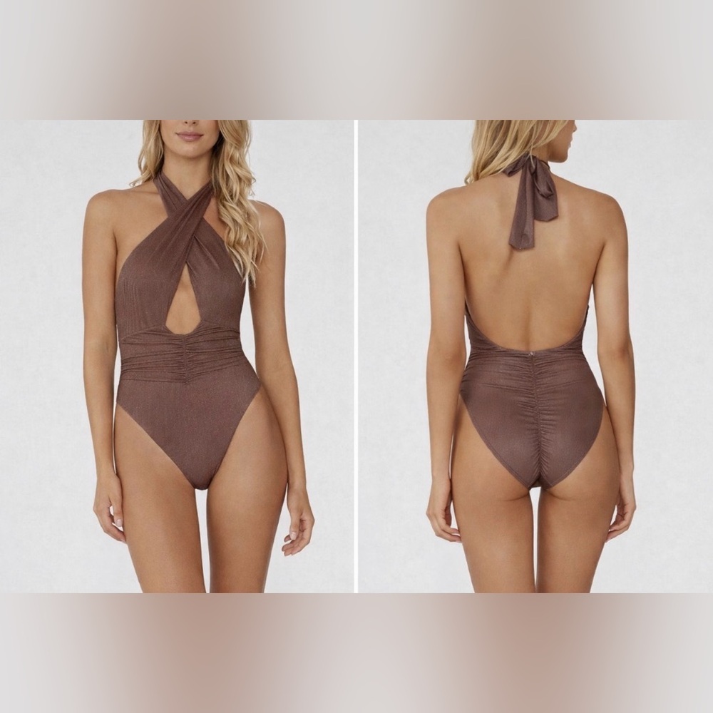 PQ Women's Brown Celine Metallic Rib-Knit One-Piece Swimsuit Size Small NWT $154